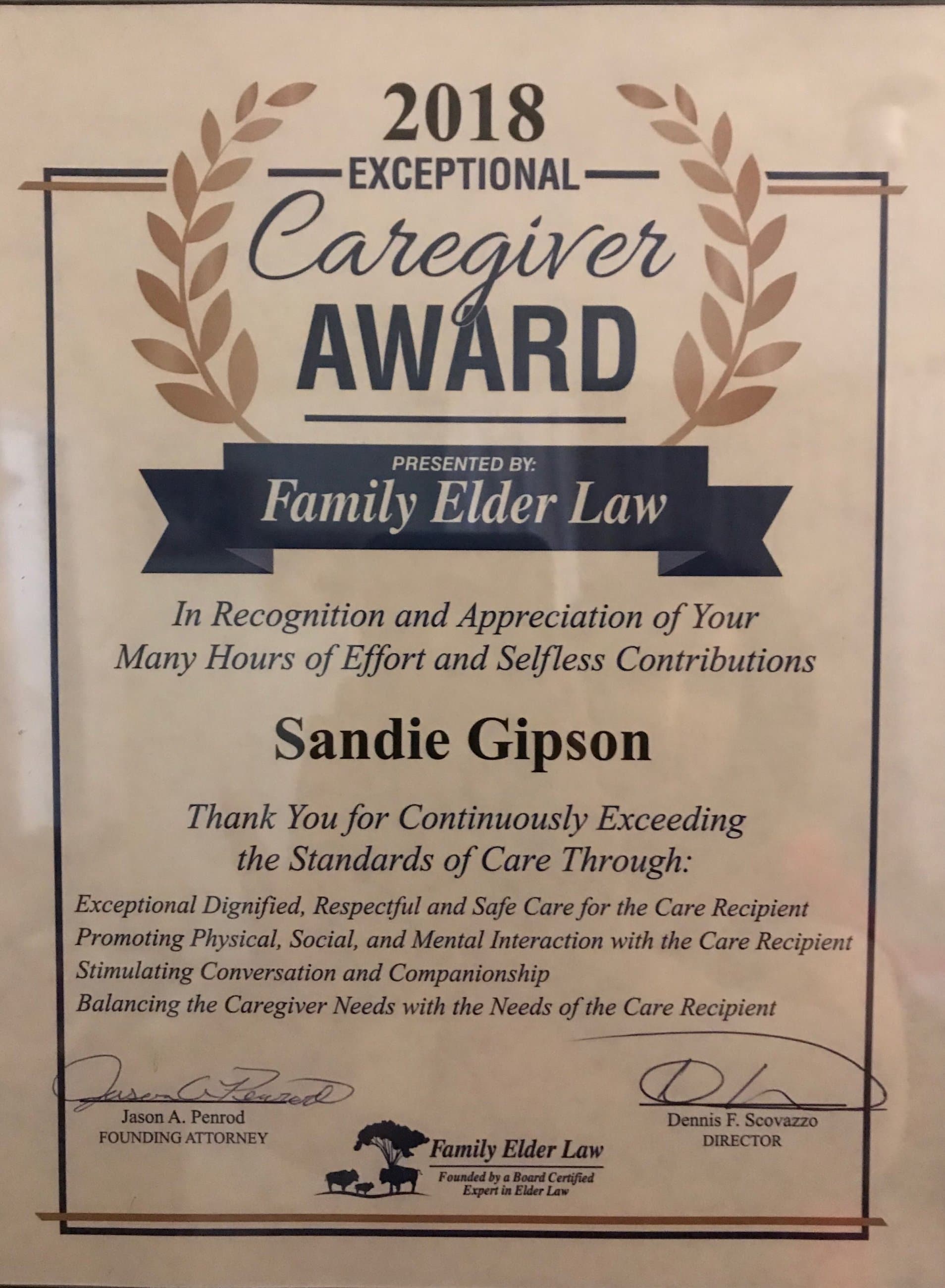 2018 Exceptional Caregiver Award